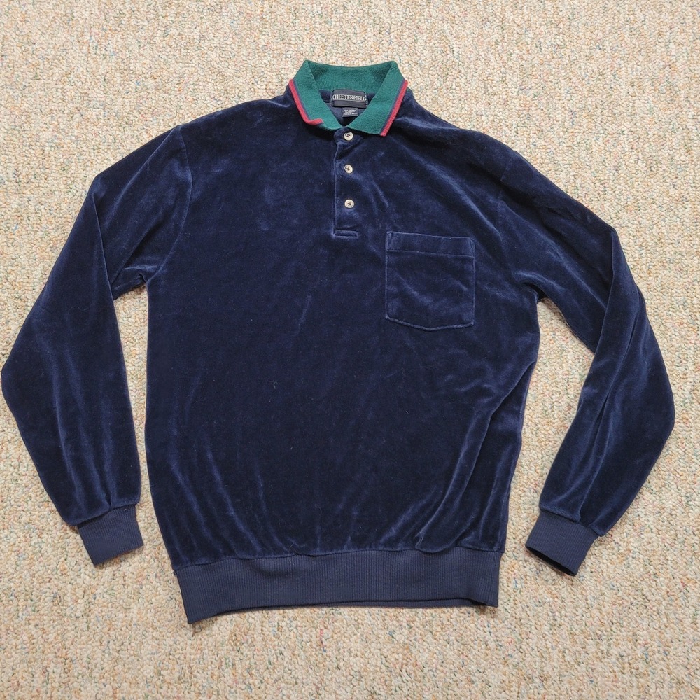 Chesterfield Velour Polo Shirt Mens Medium Blue Vintage 80s 90s Made in USA‎